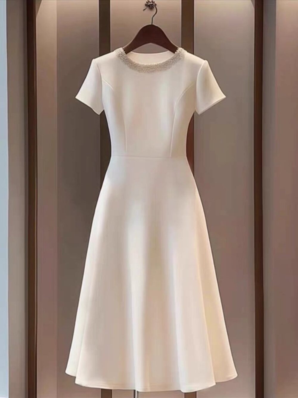 Cream Midi Dress Short‑Sleeve Beaded Neckline Elegant Fit & Flare Formal Dress